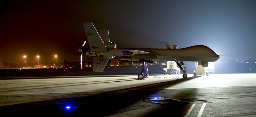 An MQ-9 Reaper sits on the flight line at Hurlburt Field Fla., April 24, 2014.
