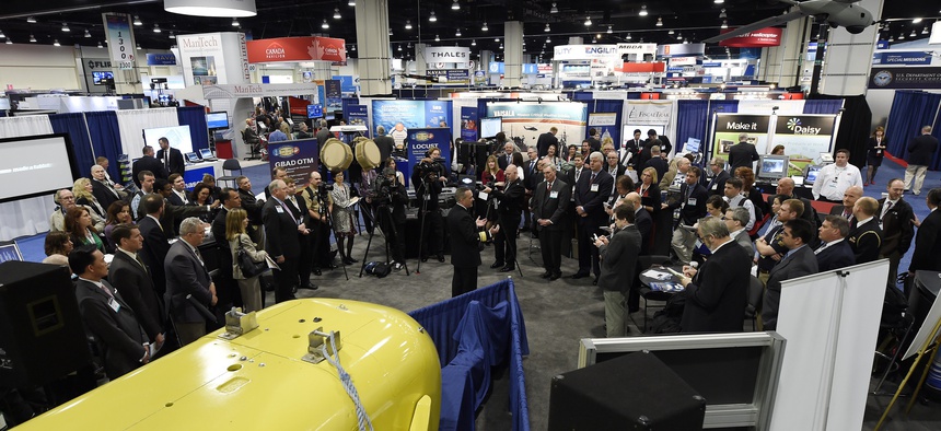 Rear Adm. Mat Winter, chief of naval research, holds a press conference at the joint Office of Naval Research (ONR), Naval Research Laboratory (NRL) and Marine Corps Warfighting Laboratory (MCWL) exhibit.