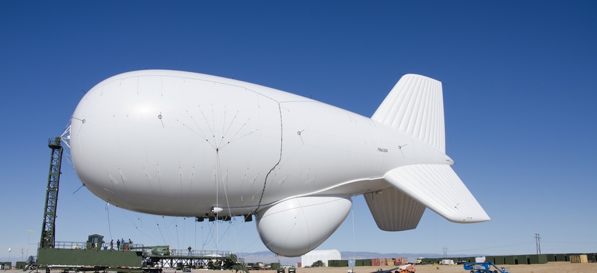 A JLENS aerostat is seen on White Sands Missile Range near Orogrande Range Camp.