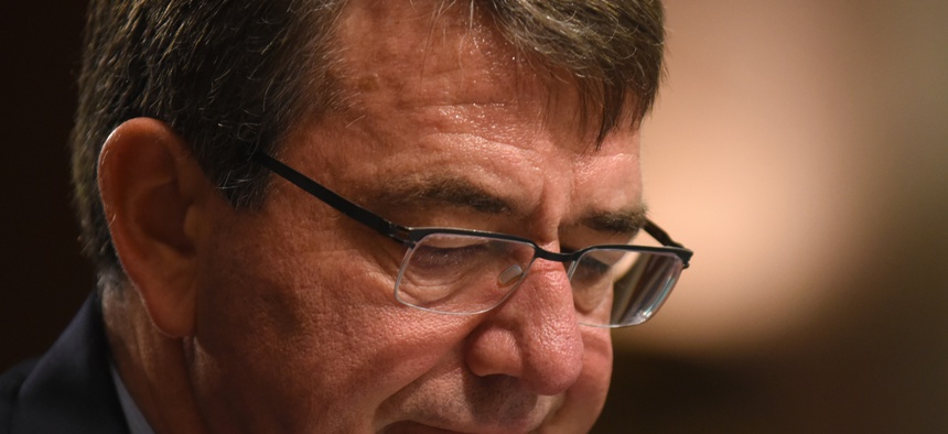 Defense Secretary Ash Carter pauses while testifying on Capitol Hill in Washington, Tuesday, Oct. 27, 2015, before the Senate Armed Services Committee.