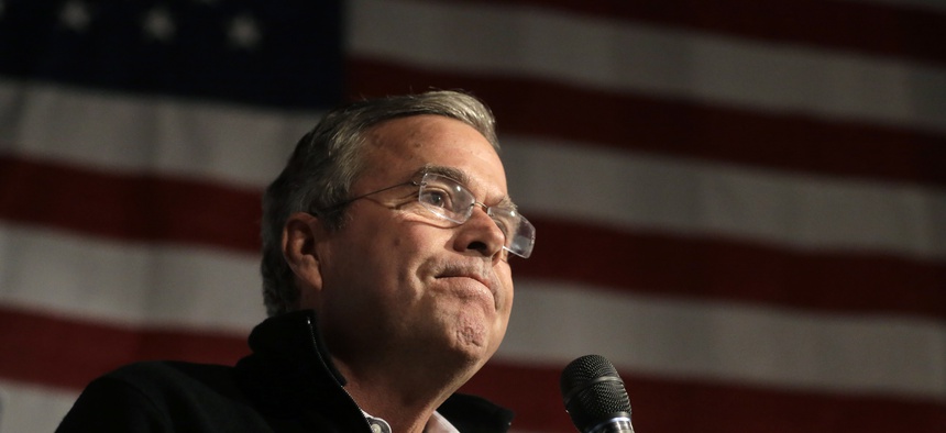 Republican presidential candidate, former Florida Gov. Jeb Bush, former U.S. Sen. Scott Brown, R-Mass., at a campaign event, Tuesday, Nov. 3, 2015, in Brown's barn, in Rye, N.H.