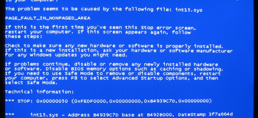 A Windows error message commonly referred to as the 'blue screen of death'.