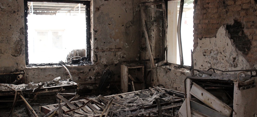 In this Friday, Oct. 16, 2015 photo, the charred remains of the Doctors Without Borders hospital is seen after it was hit by a U.S. airstrike in Kunduz, Afghanistan.