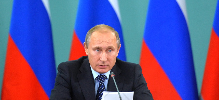 Russian President Vladimir Putin speaks during his late-night meeting with the heads of Russia's sports federations in the Black Sea resort of Sochi, Russia, Wednesday, Nov. 11, 2015.