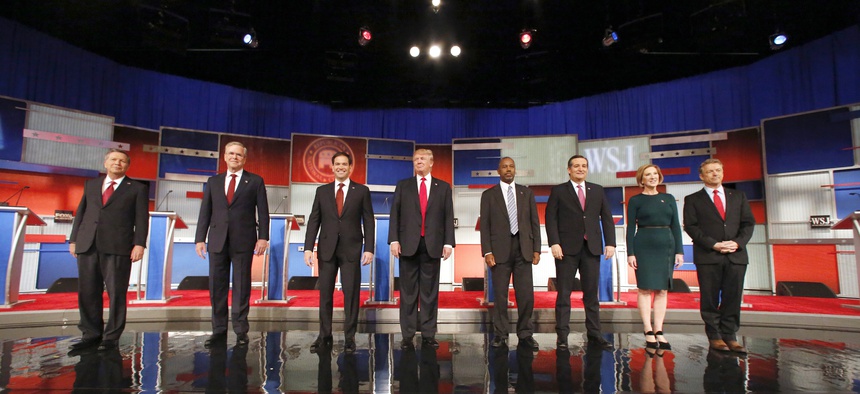 Republican presidential candidates John Kasich, Jeb Bush, Marco Rubio, Donald Trump, Ben Carson, Ted Cruz, Carly Fiorina and Rand Paul take the stage before the Republican presidential debate at the Milwaukee Theatre, Tuesday, Nov. 10, 2015, in Milwaukee.