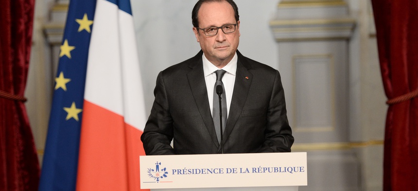 French President Francois Hollande speaks at the Elysee Palace in Paris, Saturday, Nov. 14, 2015, following a series of coordinated attacks in and around Paris late Friday which left more than 120 people dead.