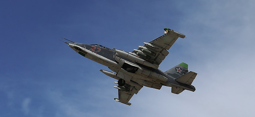 A Russian aircraft departs an air base in Syria for a recent strike mission.