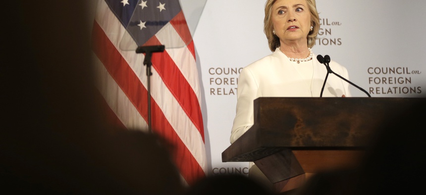 Democratic presidential candidate Hillary Rodham Clinton speaks at the Council on Foreign Relations in New York, Thursday, Nov. 19, 2015.
