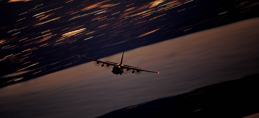 An AC-130U Gunship flies a local training mission Jan. 27, 2011, over Hurlburt Field, Fla.
