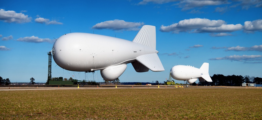 JLENS aerostats docked at Weeksville NC, Dirigible Hangar.