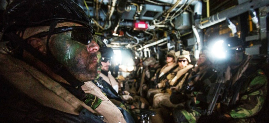 U.S. Marines with Special Purpose Marine Air-Ground Task Force-Crisis Response-Africa train with Spanish and Portuguese troops in Pinheiro da Cruz, Portugal, Nov. 3, 2015.