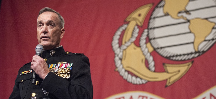Marine Corps Gen. Joseph F. Dunford Jr., the 19th chairman of the Joint Chiefs of Staff, delivers remarks at the Boston Semper Fidelis Society Birthday Luncheon at the Boston Convention and Exhibition Center in Boston,Nov. 13th, 2015.