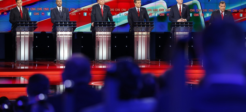 Republican presidential candidates, from left, Marco Rubio, Ben Carson, Donald Trump, Ted Cruz, Jeb Bush, and Chris Christie, participate in the CNN Republican presidential debate at the Venetian Hotel & Casino on Tuesday, Dec. 15, 2015, in Las Vegas.