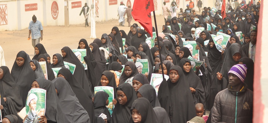 Nigeria shiites muslim took to the street to protest and demanded the release of Shiite leader Ibraheem Zakzaky in Kano, Nigeria, Monday, Dec. 21, 2015.