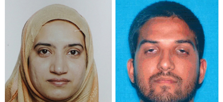 This undated combination of file photos provided by the FBI, left, and the California Department of Motor Vehicles shows Tashfeen Malik, left, and Syed Farook.