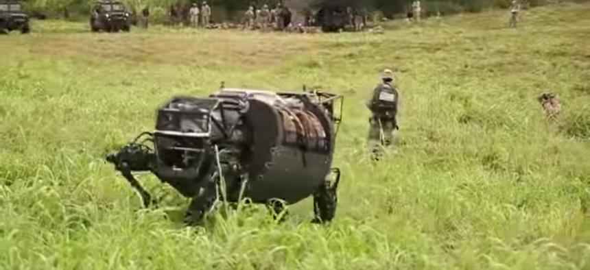 Legged Squad Support System (LS3) DARPA Robot testing at RIMPAC 2014 in Hawaii.