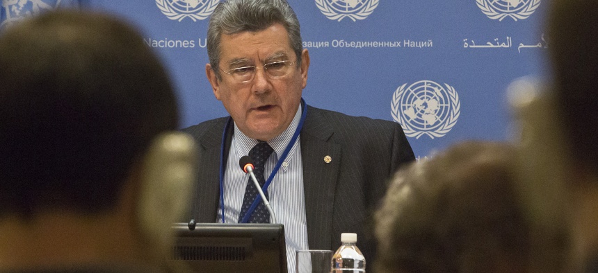 Uruguay's U.N. Ambassador Elbio Rosselli, current president of the Security Council, speaks during a news conference following a closed meeting of the council on Monday, Jan. 4, 2016