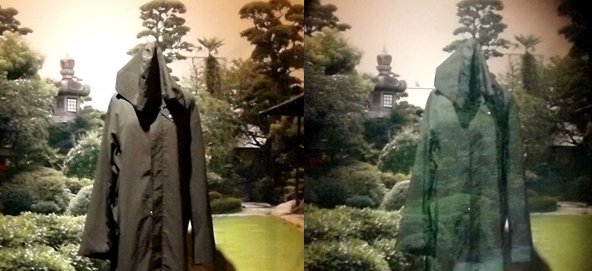 An invisibility cloak using optical camouflage by Susumu Tachi of the University of Tokyo on display at the National Museum of Emerging Science and Innovation (Miraikan) in Tokyo