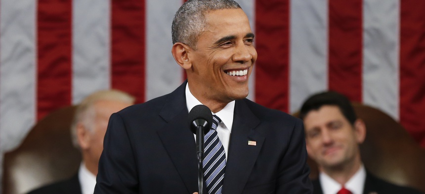President Barack Obama smiles during his State of the Union address to a joint session of Congress on Capitol Hill in Washington, Tuesday, Jan. 12, 2016.