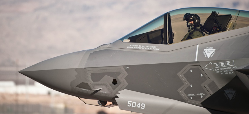An Air Force pilot taxies an F-35A Lightning II at Nellis Air Force Base, Nev., Jan. 15, 2015.