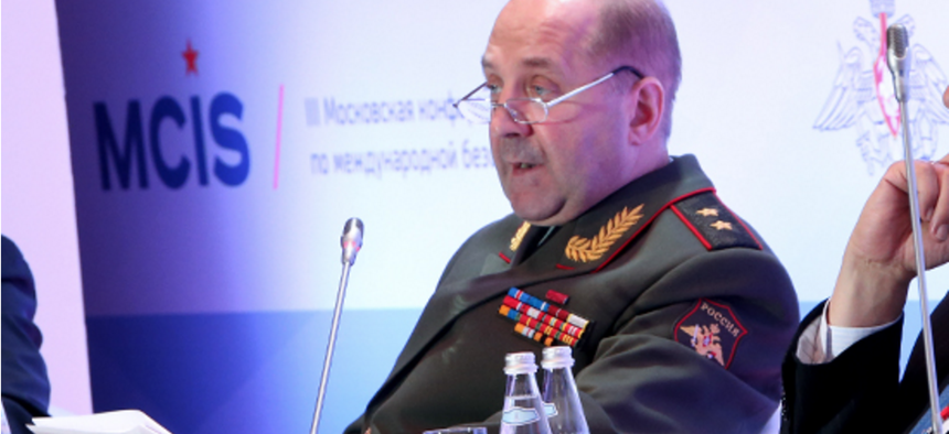 Then-Lt. Gen. Igor Sergun speaks at a conference on international security in Moscow in 2014.