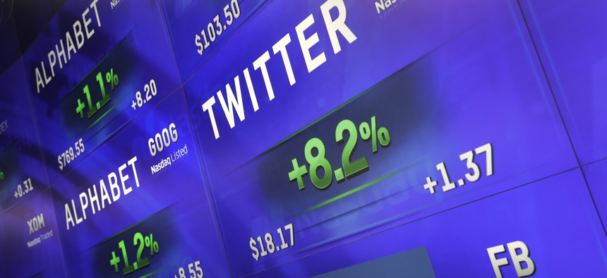 Electronic screens post prices of Alphabet, Twitter and Facebook stock, Monday, Feb. 1, 2016, at the Nasdaq MarketSite in New York. Alphabet, the parent company of Google, reports quarterly earnings.