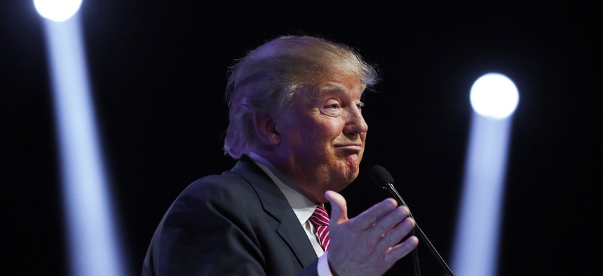 Republican presidential candidate Donald Trump speaks during a campaign stop Monday, Feb. 15, 2016, in Greenville, S.C.