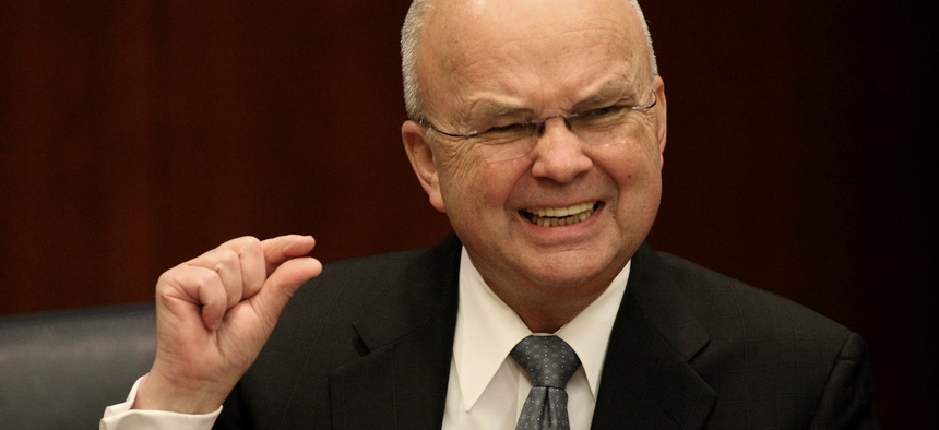 CIA Director Michael Hayden gestures during a news conference at CIA headquarters in Langley, Va., Thursday, Jan. 15, 2009.