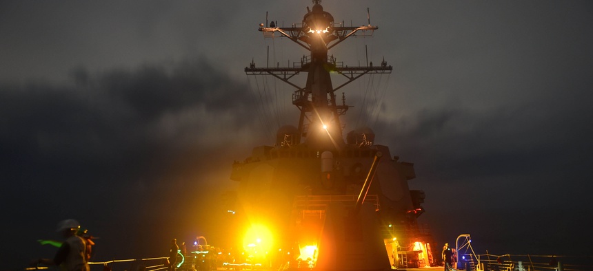 The Arleigh Burke-class guided-missile destroyer USS Lassen (DDG 82) patrols the South China Sea, Sep. 28, 2015.