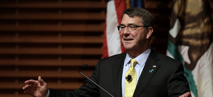 Defense Secretary Ash Carter gestures during a speech Thursday, April 23, 2015, in Stanford, Calif.