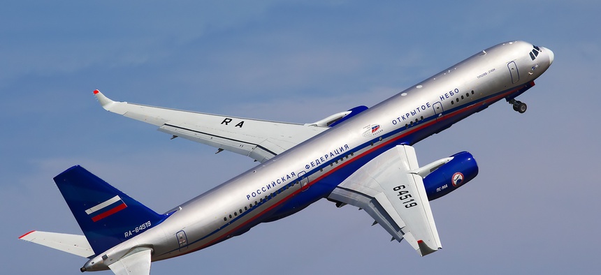 Russia's Tu-214ON Open Skies aircraft flies at the MAKS-2011 airshow outside Moscow.