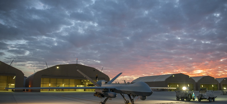 An unmanned MQ-9 Reaper at Kandahar Airfield, Afghanistan, Dec. 6, 2015.