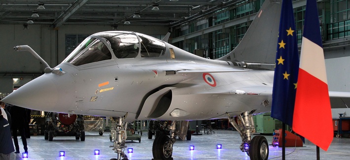 A Rafale fighter jet on the assembly line of French aircraft manufacturer Dassault Aviation.