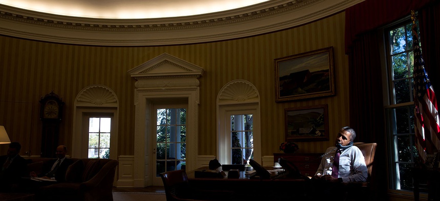 President Barack Obama speaking with Abu Dhabi Crown Prince Sheikh Mohammed Bin Zayed Al Nahyan on Oct. 16, 2015.