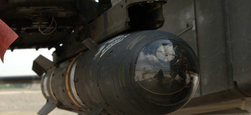 A Hellfire Missile mounted on an AH-64D Longbow Apache at Forward Operating Base Salerno, in the Khowst Province, Afghanistan, April 19, 2007.