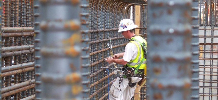 A construction worker installs reinforcing steel in at the Savannah River Site MOX facility.