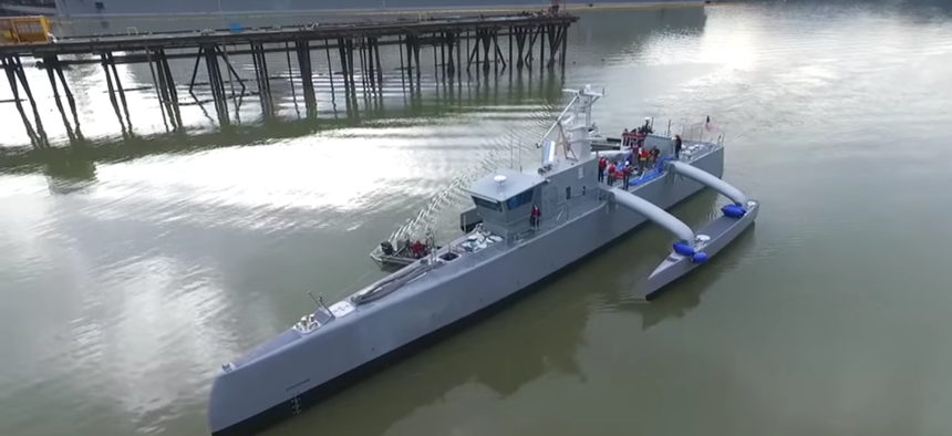 On-speed waters tests of DARPA’s Anti-Submarine Warfare (ASW) Continuous Trail Unmanned Vessel (ACTUV), Feb. 17, 2016.