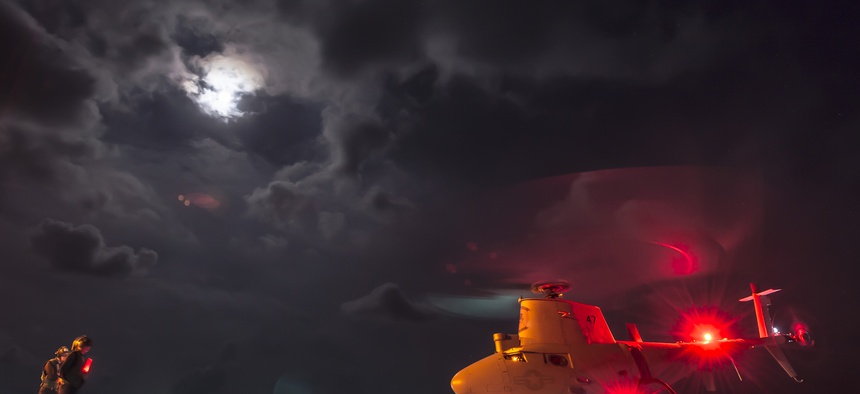 An MQ-8B Fire Scout unmanned aircraft system from Helicopter Maritime Strike Squadron (HSM) 35 performs ground turns aboard the littoral combat ship USS Fort Worth (LCS 3) in the South China Sea, May 1, 2015.