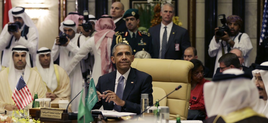 President Barack Obama is seated for the first Gulf Cooperation Council session during the Gulf Cooperation Council Summit in Riyadh, Saudi Arabia, Thursday, April 21, 2016.