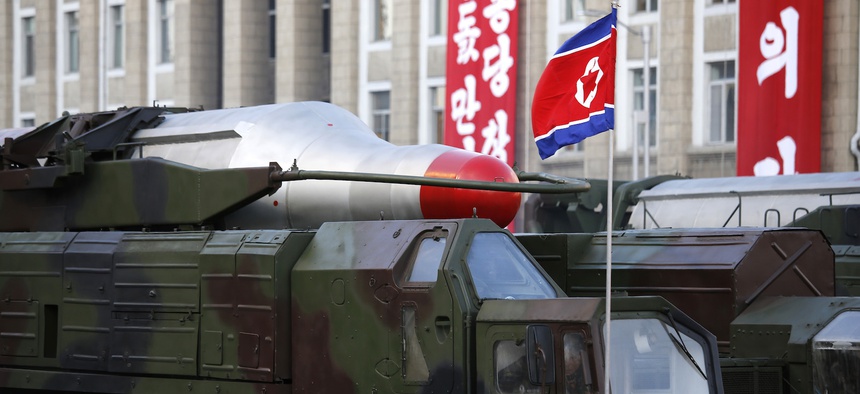 Medium-range Nodong ballistic missiles are paraded in Pyongyang, North Korea, on Oct. 10, 2015