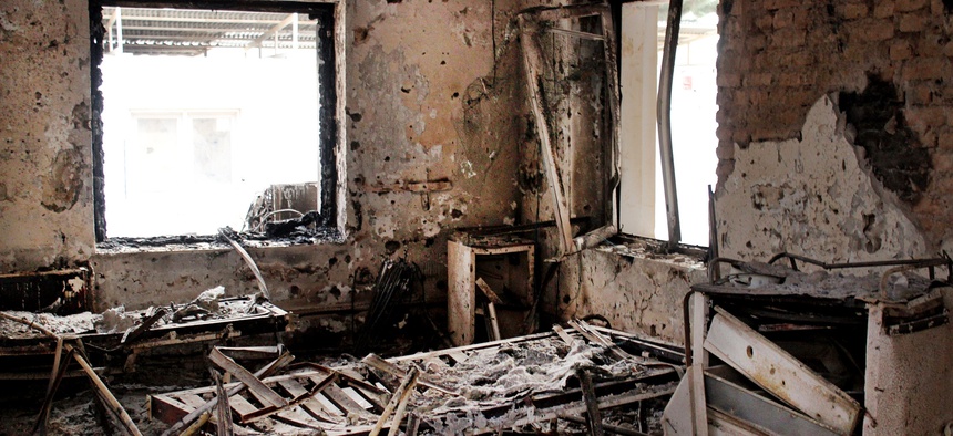 A Oct. 16, 2015 photo shows the charred remains of their hospital after it was hit by a U.S. airstrike in Kunduz, Afghanistan. The U.S. military is paying hundreds of thousands of dollars to wounded survivors and relatives of the 42 Afghans killed.