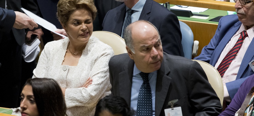 Brazil's President Dilma Rousseff attends the Paris Agreement on climate change ceremony, Friday, April 22, 2016 at U.N. headquarters.