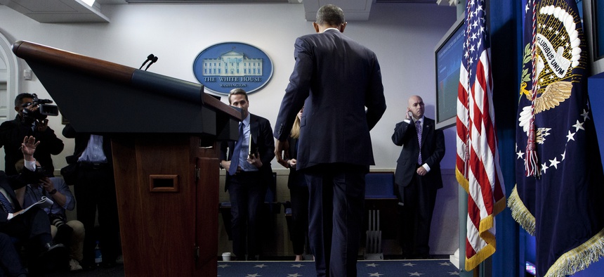 President Barack Obama leaves the podium in the briefing room of White House in Washington, Friday, May 6, 2016.