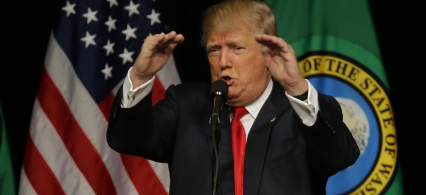 Republican presidential candidate Donald Trump speaks during a rally in Spokane, Wash., Saturday, May 7, 2016.