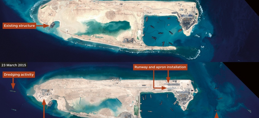 A combination photo of satellite images of Fiery Cross Reef in the Spratly Islands, taken on Feb. 6, 2015, top, and March 23, 2015, bottom, by Airbus Defence and Space, and distributed by IHS Jane's Defence Weekly.