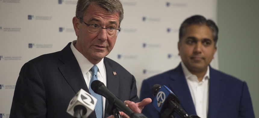 Secretary of Defense Ash Carter speaks with reporters after delivering remarks at Defense Innovation Unit Experimental at Moffett Field, Calif., to deliver remarks at DIUx May 11, 2016.