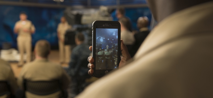 A U.S. sailor at an "all hands call" at Defense Media Activity at Fort George G. Meade, Md., Oct, 6, 2015.