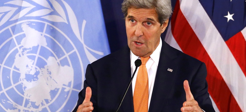 U.S. Secretary of State John Kerry speaks during a news conference in Vienna, Austria, on May 17, 2016.