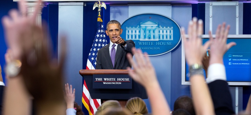 President Barack Obama takes questions from student reporters during College Reporter Day in the James S. Brady Press Briefing Room of the White House, April 28, 2016.