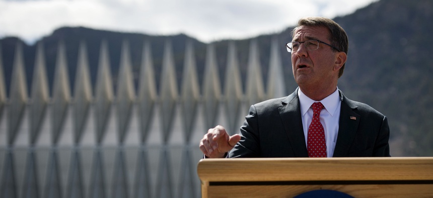 Secretary of Defense Ash Carter speaks with reporters at theU.S. Air Force Academy after touring the campus in Colorado Springs, Colo., May 12, 2016.